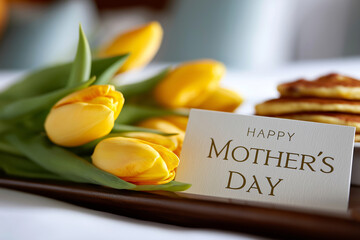 Yellow tulips arranged elegantly beside a greeting card reading Happy Mother's Day, with delicious pancakes in the background, creating a warm and inviting cozy breakfast atmosphere