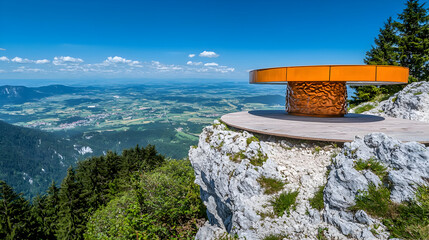 Obraz premium Scenic mountaintop table, orange circular top, wooden base, cliff edge, expansive valley view, sunny day, clear sky, forested hills, distant town