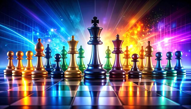 Colorful chess pieces on a vibrant board, lit by energetic light beams