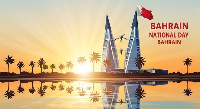 Spectacular sunset view of Bahrain's skyline with national flag for celebration