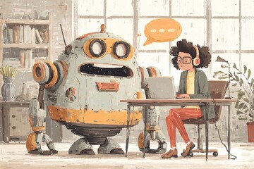 AI agent and customer support. Artificial intelligence helping and assisting customer. Man using laptop computer to ask questions to AI at desk. High quality