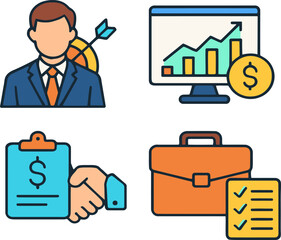 A collection of graphics showcasing business themes, including a professional with a target, a growth chart, and handshake agreements, all emphasizing success and financial planning.