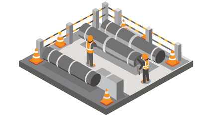 Isometric view of construction workers with pipes and safety cones in a fenced off work area