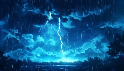 Dramatic Thunderstorm with Lightning Strikes and Rainfall in a Vibrant Cloudy Sky
