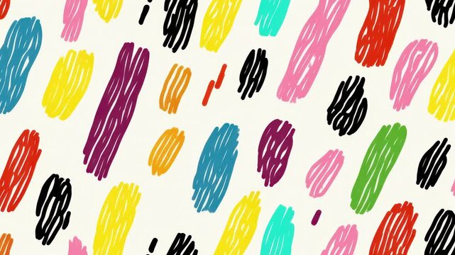 abstract pattern of colorful, scribbled oblong shapes on a white background.