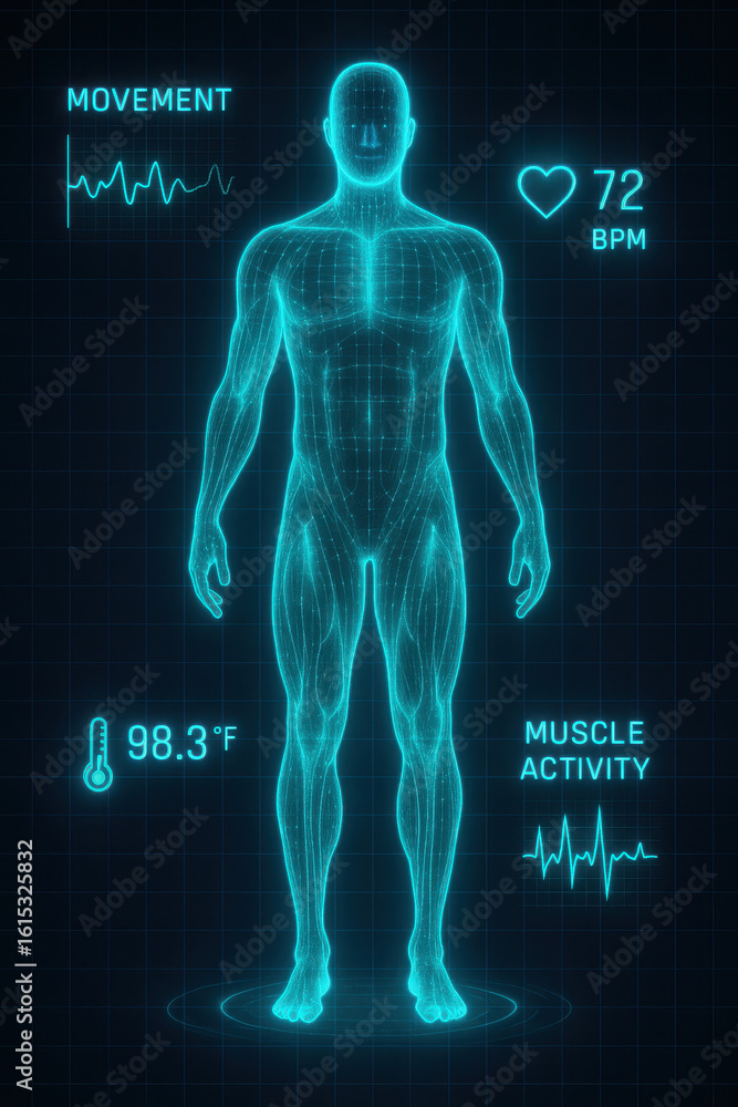 Poster digital representation of a human body with vital signs displaying heart rate temperature and muscle