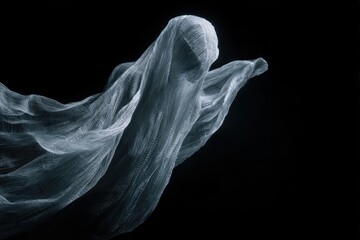 Fototapeta premium ghost made of hand-woven silk, stitched textures, soft lighting, gothic horror aesthetic, dark background, eerie, flowing black silk, cinematic