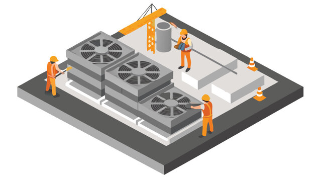 Isometric view of construction workers installing hvac units on a building rooftop with crane present