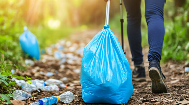 Environmentally conscious person holding blue plastic bag filled with litter and waste materials