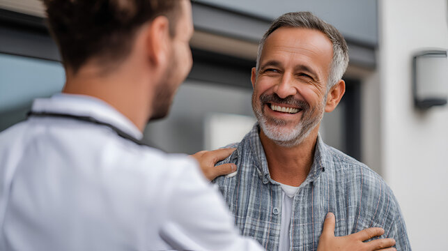 A smiling mature man receives positive news and reassurance from his caring doctor during a check-up, fostering a sense of trust and well-being.
