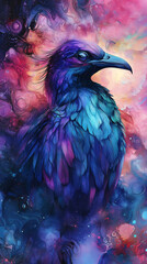 Obraz premium Fantastical Blue and Purple Bird Portrait on a Colorful Cosmic Abstract Background