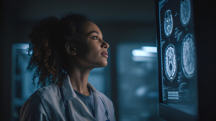 Naklejka premium A focused medical professional meticulously analyzes brain scans on a monitor, seeking insights for improved patient care and advanced medical research.