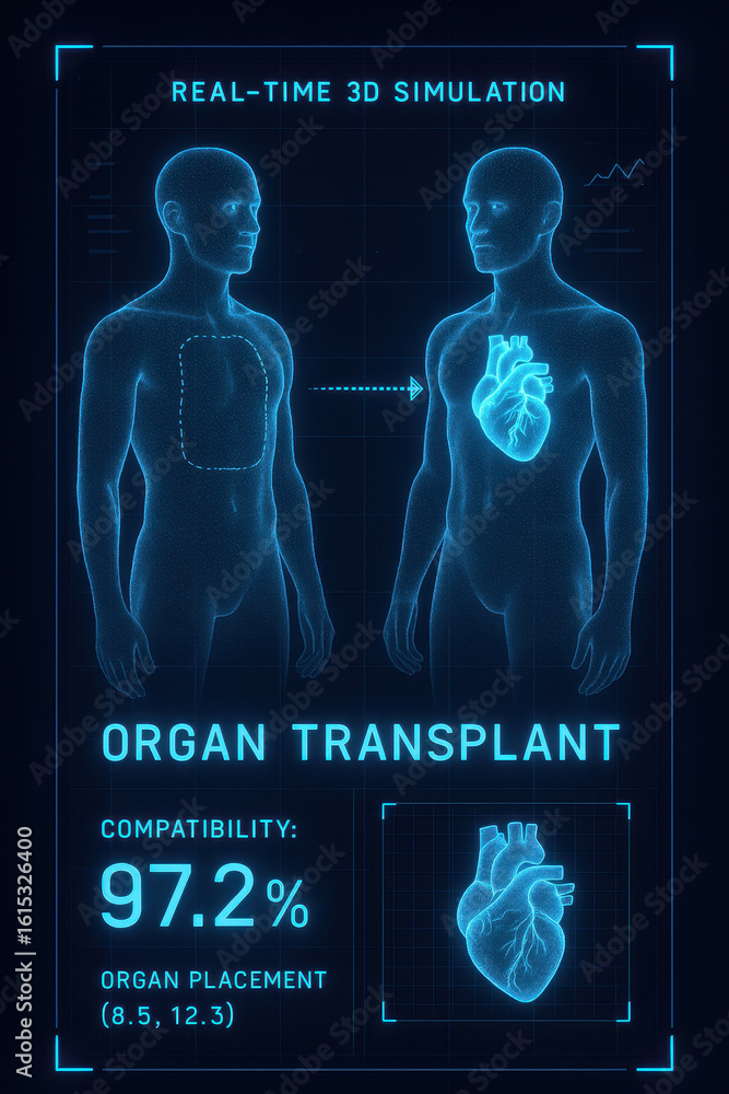 Poster futuristic 3d simulation depicting an organ transplant procedure showing heart replacement concept o