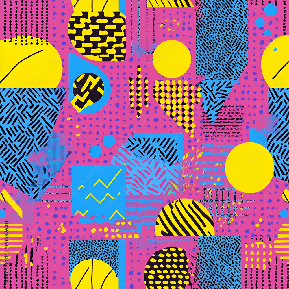 Poster a vibrant and playful abstract pattern featuring geometric shapes and bold colors creates a dynamic 