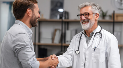 A smiling doctor with a stethoscope warmly greets a happy patient with a handshake in a modern setting, fostering a positive and trusting relationship.