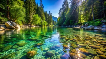 Sunlight illuminates a crystal clear mountain river flowing through a lush green forest with rocky banks