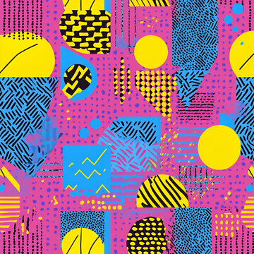 A vibrant and playful abstract pattern featuring geometric shapes and bold colors creates a dynamic and eye-catching visual texture.