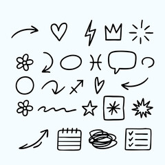 Creative hand-drawn doodle elements set with planner and astrology icons.