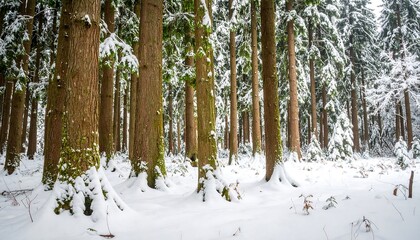 Fototapeta premium Serene winter landscape capturing a snow-covered forest with dense tree trunks