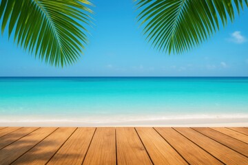 Empty Wooden Deck Overlooking Serene Tropical Beach with Turquoise Ocean and Lush Palm Fronds Under a Bright Blue Sky, Ideal for Relaxation and Vacation Backgrounds