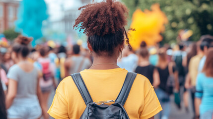 Woman hiking with a backpack on her shoulders in a scenic mountain landscape under a blue sky