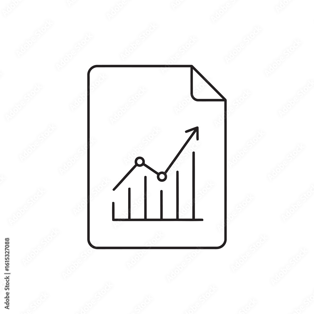 Poster line icon of a report document with an upward trending bar graph representing business growth positi