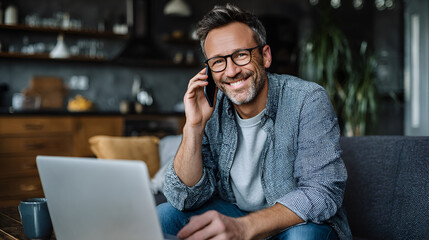 A smiling man with glasses sits comfortably on a couch, working on a laptop and talking on his mobile phone in a relaxed home environment.