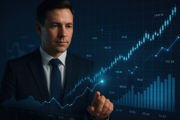 Focused businessman analyzing financial market growth chart with upward trending stock prices