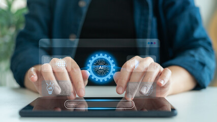 Close-up of person using tablet with AI prompt interface and digital icons, representing artificial intelligence, smart technology interaction, and generative AI tools for modern