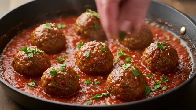 A close-up shot of cooked meatballs in a red sauce, garnished with fresh herbs, served in a black pan. Steam rises