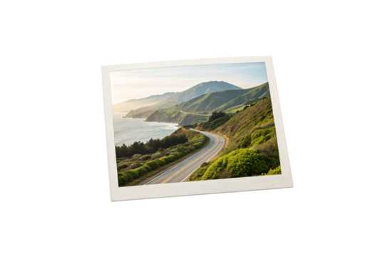 Scenic coastal highway winding through green hills overlooking ocean with mountains in distant background, isolated on a transparent background