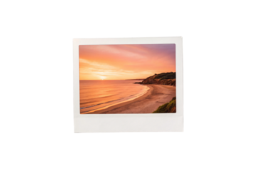 Peaceful sunset beach scene with gentle waves and warm orange sky, isolated on a transparent background