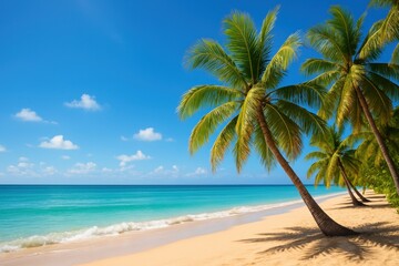 Fototapeta premium Idyllic Beach Scene Palm Trees, Turquoise Waters, and Golden Sands in Tropical Paradise