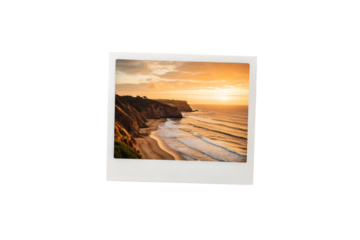 Rugged coastline bathed in golden sunset light with rolling ocean waves, isolated on a transparent background
