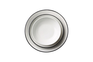 Two white enamel bowls with black rim nested together overhead view, isolated on a transparent background