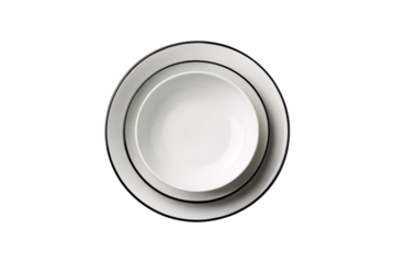 Two white enamel bowls with black rim nested together overhead view, isolated on a transparent background