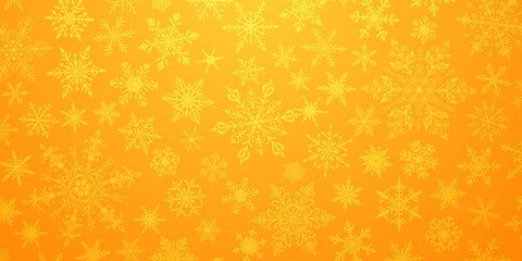 A vibrant Christmas illustration featuring various intricate snowflakes of varying sizes and designs, white on yellow gradient background.