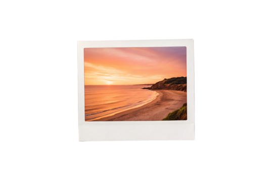 Peaceful sunset beach scene with gentle waves and warm orange sky, isolated on a transparent background