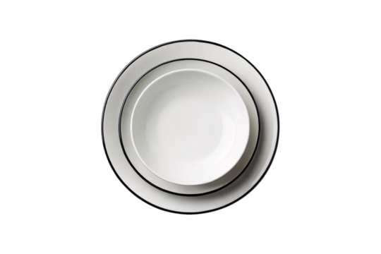 Two white enamel bowls with black rim nested together overhead view, isolated on a transparent background