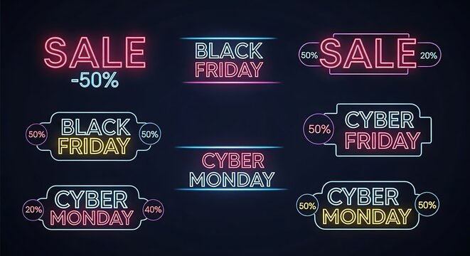 Vibrant neon signs showcasing sale events: Black Friday and Cyber Monday promotions