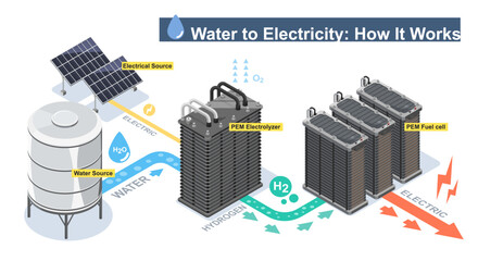 Hydrogen energy diagram showing water-to-electricity conversion using solar powered PEM electrolyzer and fuel cell system
