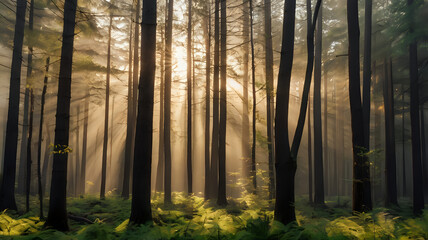 Fototapeta premium morning in the forest, Vertical Minimalist Forest with Soft Light Haze and Golden Sunbeams