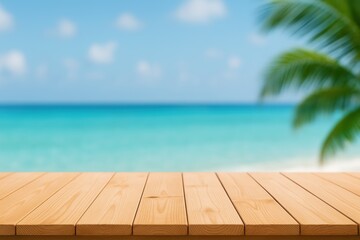 Tropical Beach View with Wooden Table Serene Coastal Scene