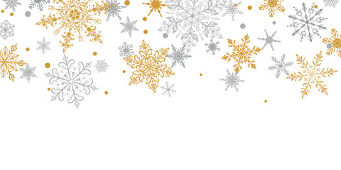 Christmas illustration featuring intricate falling snowflakes of varying sizes and designs arranged on top, gray and brown on white background.