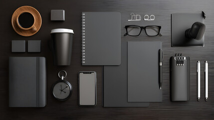 An overhead view showcases a collection of dark-toned essentials, including notebooks, writing instruments, a clock, and a beverage, arranged on a textured .