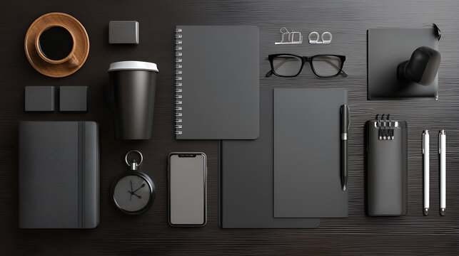 An overhead view showcases a collection of dark-toned essentials, including notebooks, writing instruments, a clock, and a beverage, arranged on a textured .