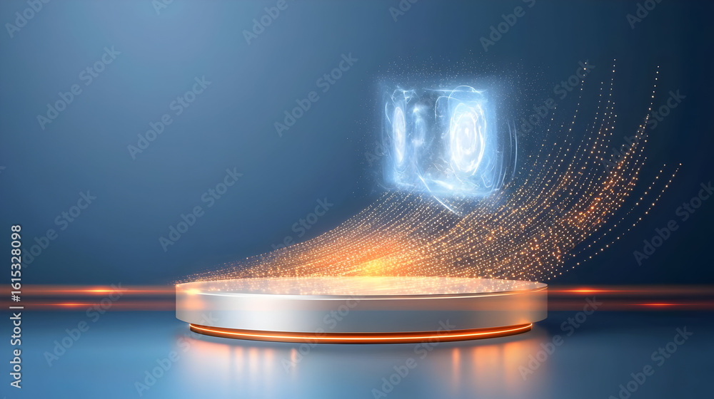 Poster a futuristic, digitally enhanced podium with a floating, glowing object. abstract, glowing particles