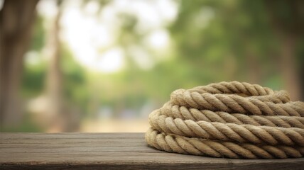 Fototapeta premium A tightly coiled natural tan rope with rough texture for heavy-duty tasks,