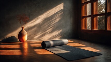 Serene yoga studio interior with rolled out mat on wooden floor, sunlight streaming across space, and wide blank wall suitable for motivational wellness quotes and calm design.