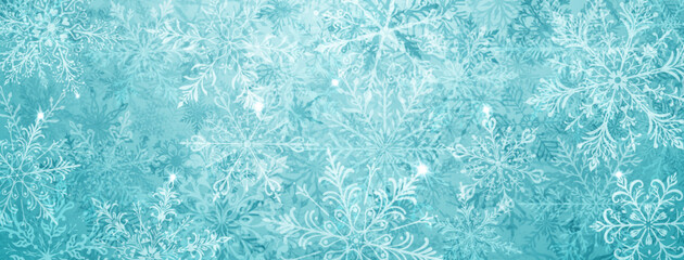 A vibrant Christmas illustration featuring large intricate snowflakes in various designs, layered with depth, interspersed with bright sparkles, in light blue tones.
